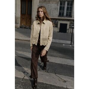 Zara | Beige Suede Eyelet-Hem Collared Shirt Jacket ~ New w/ Tags Medium